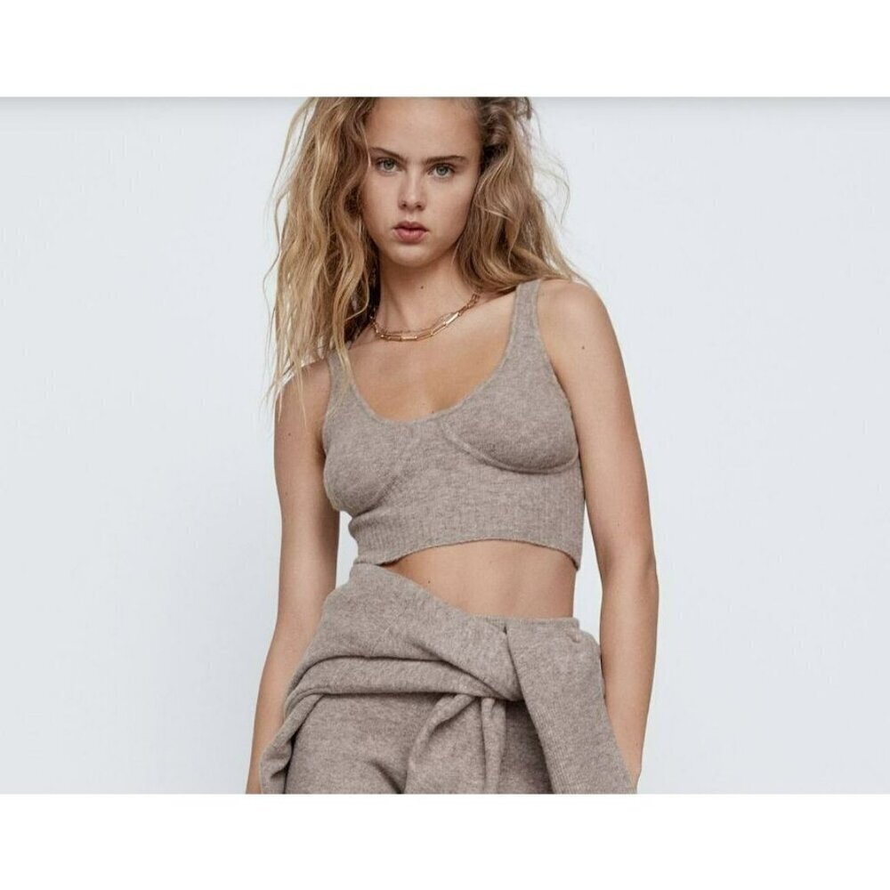 Zara Scrappy Knit Top Taupe Gray Crop Top Size‎ Small